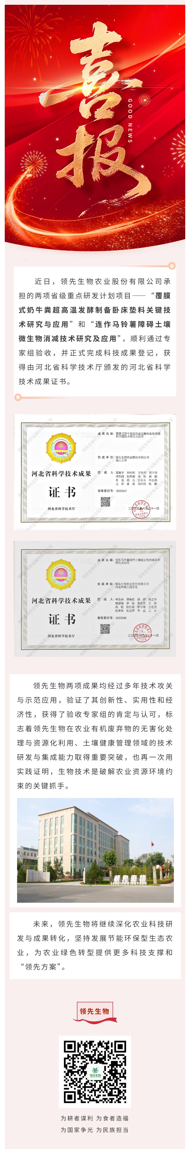 【喜訊】領先生物斬獲兩項省級科技成果！